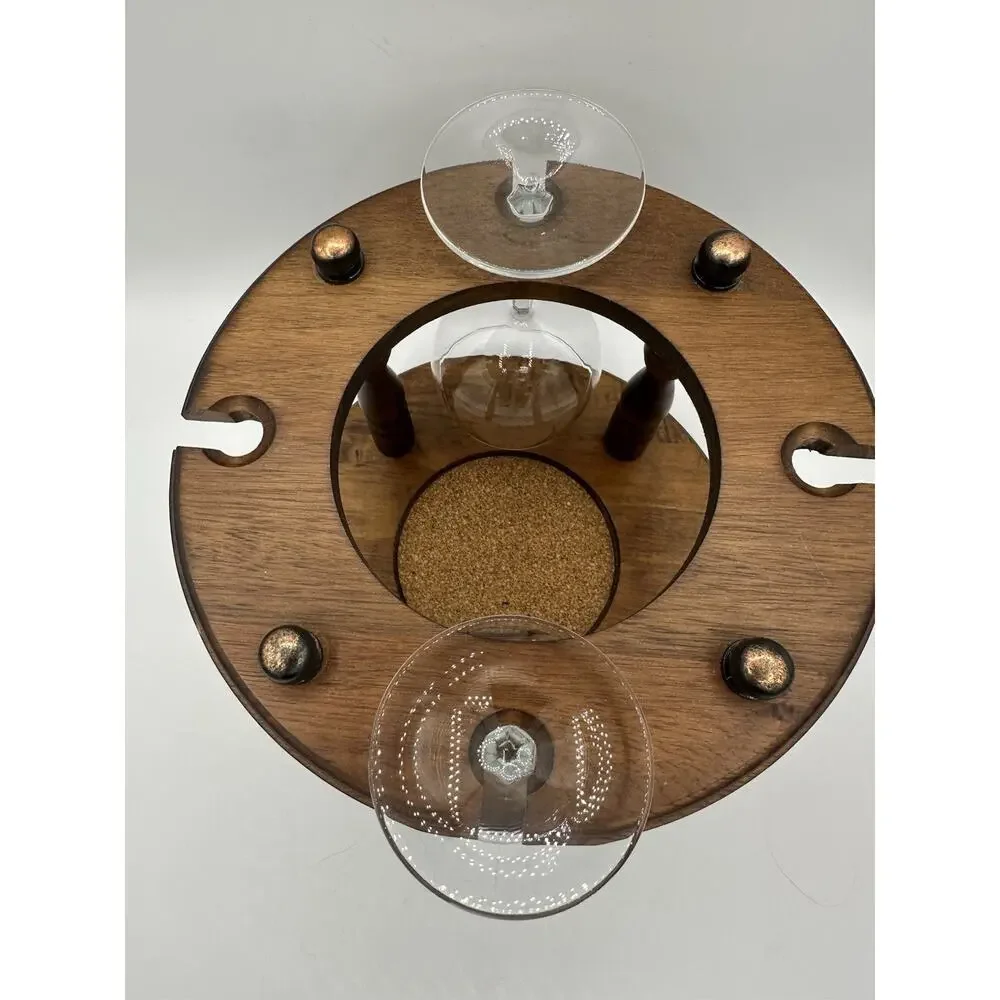 VTG Wooden Whine & Wine Glass Holder..WOODEN AND COPPER Retro Decor